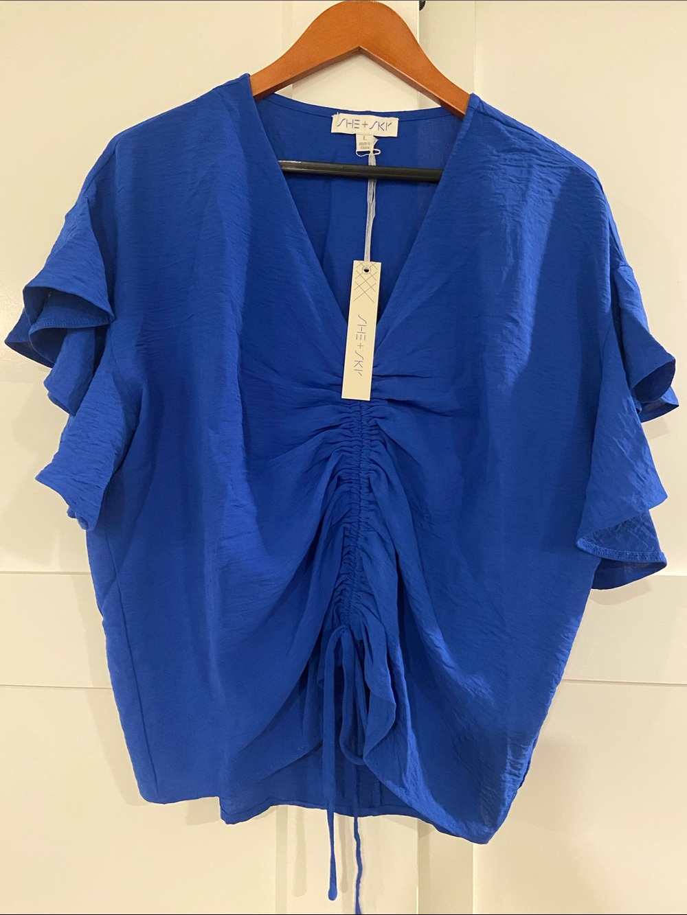 She + Sky Cobalt Blue Ruched V-Neck Blouse